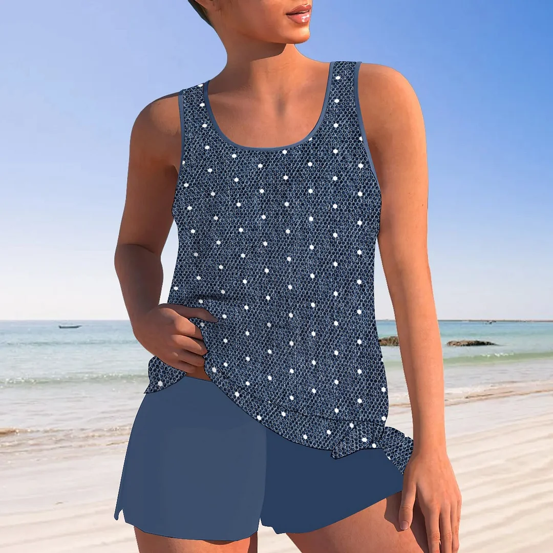 Women plus size clothing Bowknot Blue Jeans,Blue,Polka Dots Mid Waisted Tankini Set - Plus Size Available-Nordswear