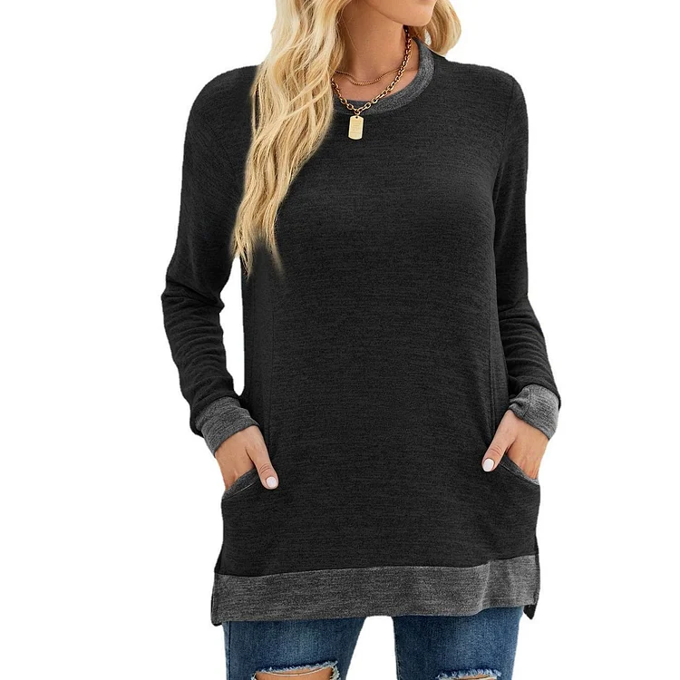 Women's Fall T-Shirt Crew Neck Colorblock Long Sleeve Pullover Loose Casual T-Shirt with Pockets