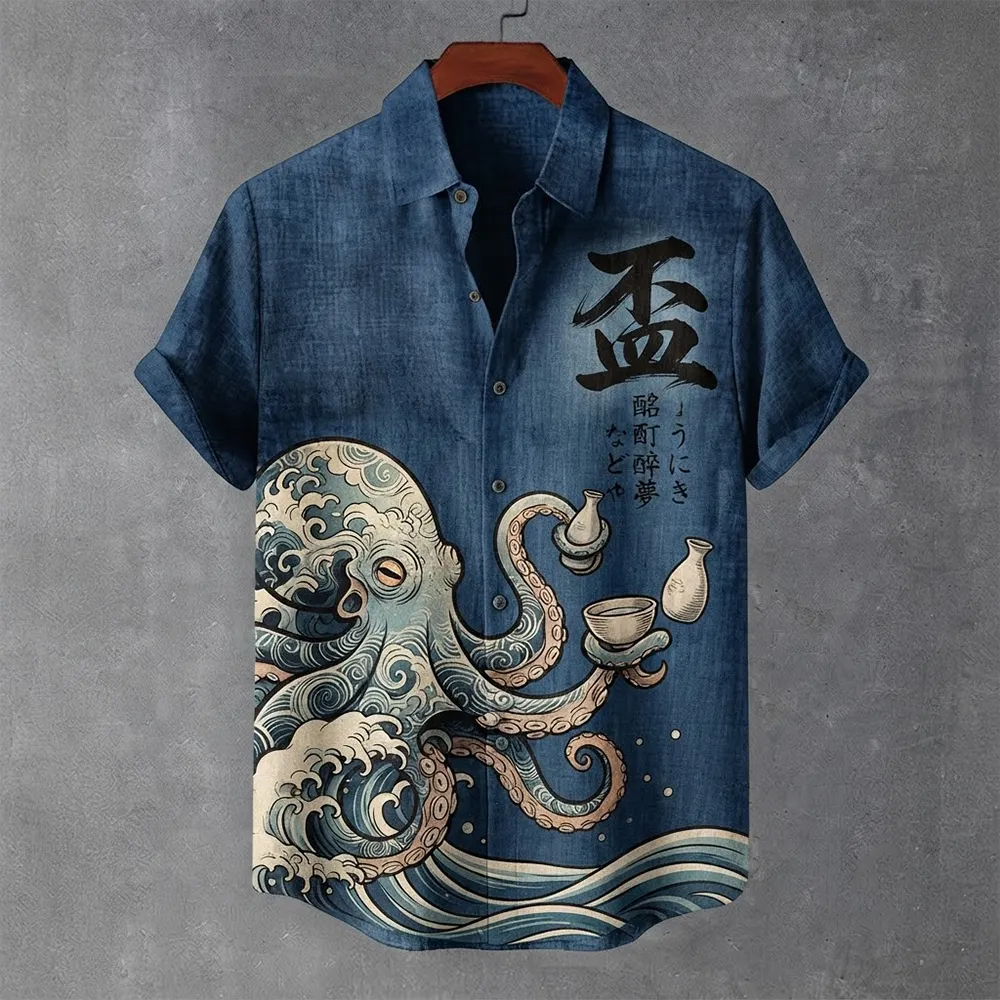 Men's Japanese Vintage Blue Octopus & Wave Print Short-sleeve Shirt  artssus