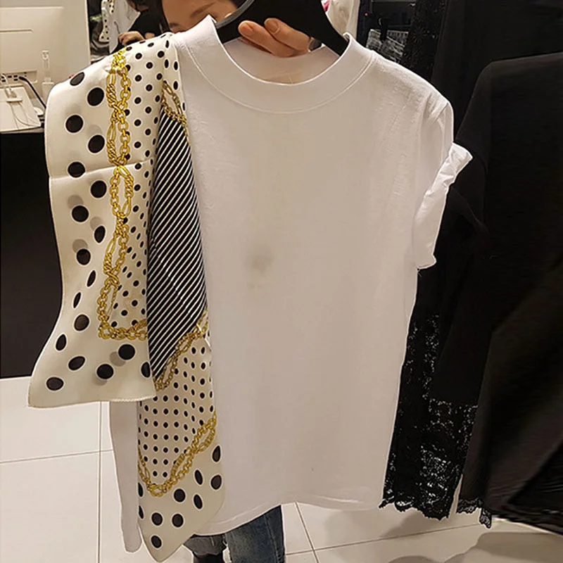 women's elegant T shirt polka dot silk scarf stitching short-sleeved casual loose Chic Japan T-shirt Korean fashion Tees GD017