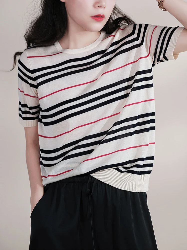 Women Summer Casual Stripe Loose O-Neck T-shirt