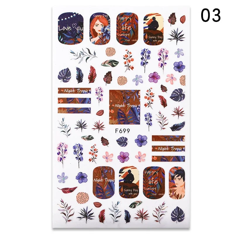 Summer Design 3D Stickers For Nails iridescent Black Gold Flower Leaf Series Decorations Sliders Nail Art Sticker Decals