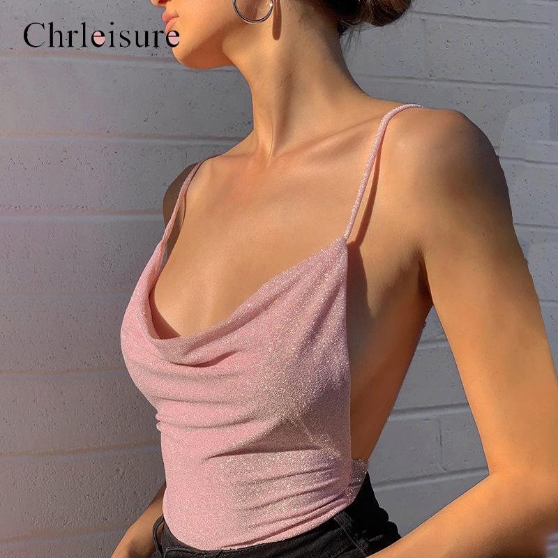 Women's Bright Silk Tank Tops Sexy Backless Low Chest Vest 2020 New Spring Solid Fashion Streetwear Mujer