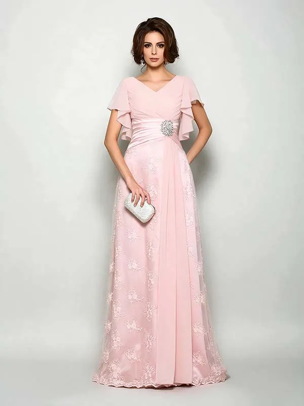 Daisda High-Waisted A-Line Mother Of The Bride Dress With Pleated V-Neck Short Sleeves 