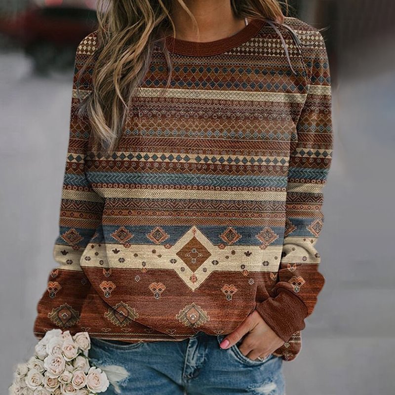 Western Print Long Sleeve Casual Sweatshirt