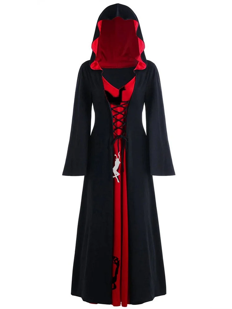 Printed hooded lace-up plus size long-sleeved dress