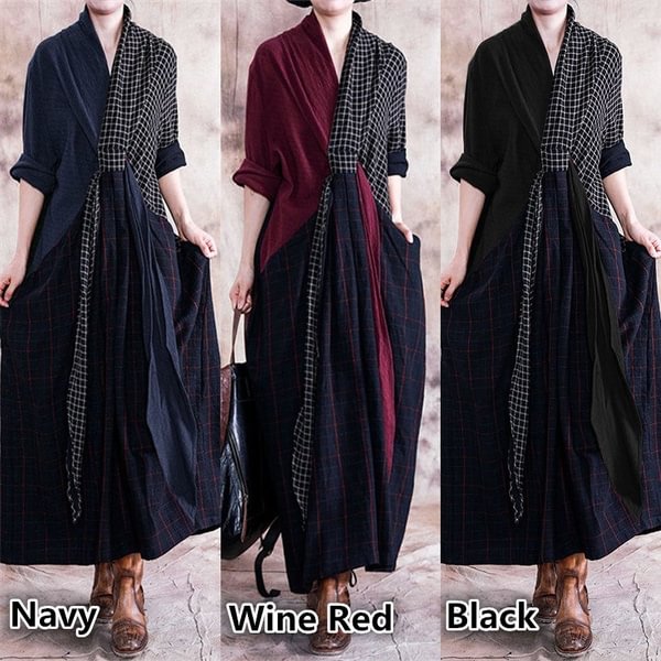 Zanzea New Women Long Sleeve Plaid Check Patchwork Maxi Dress - BlackFridayBuys