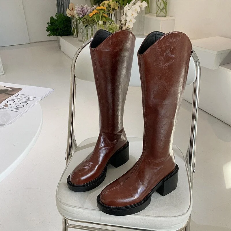 Women's Fashion Thigh High Long Boots Solid Square Heels Ladies Shoes Autumn Winter Soft Leather Zip Female Knee High Boots 2021