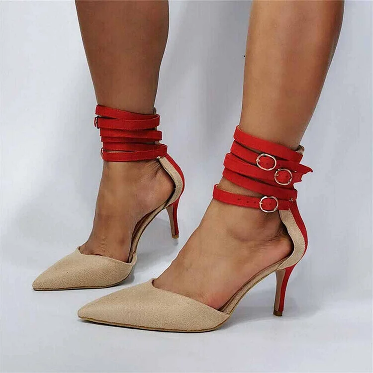 Nude & Red Vegan Suede Pointed Toe Shoes Ankle Strap Heels |FSJ Shoes