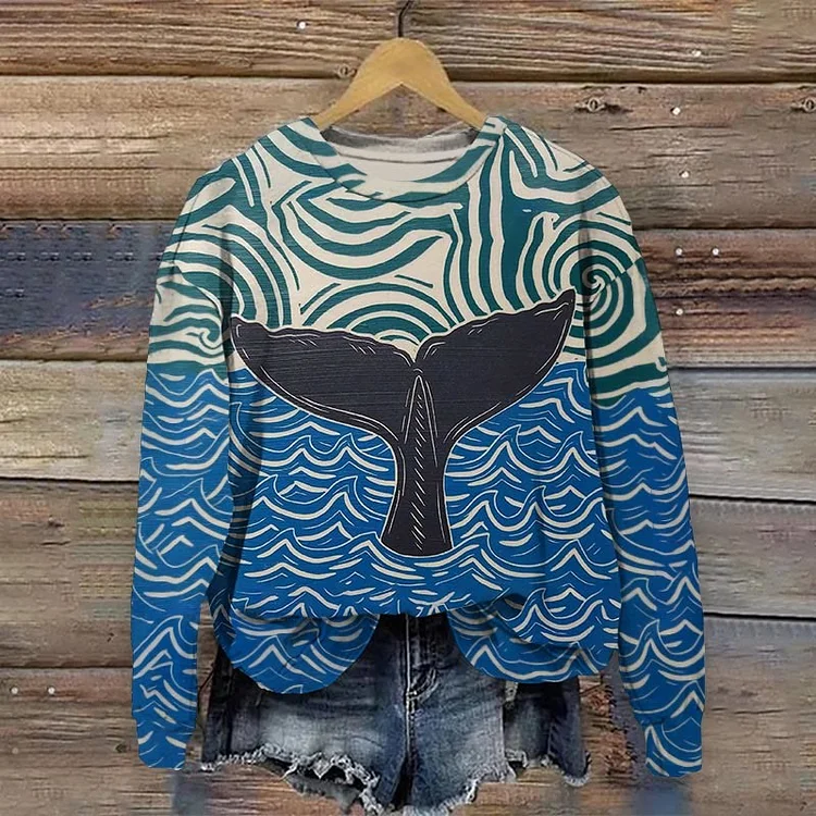 Japanese Wave Whale Tail Art Print Sweatshirt