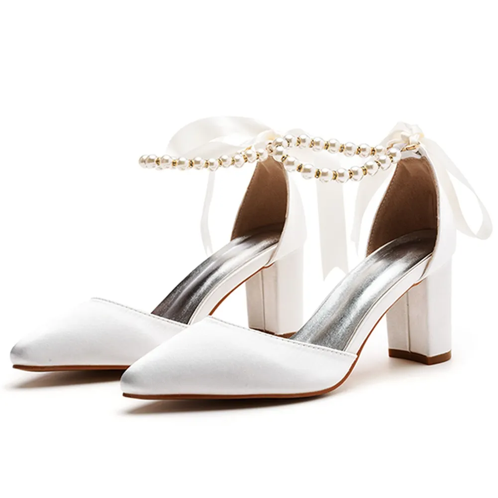 Breakj Breakj Cm Thick Heel Pointed Sandals With Shallow Female Sandals White Beaded Satin Cloth Bride High Heels Large Size