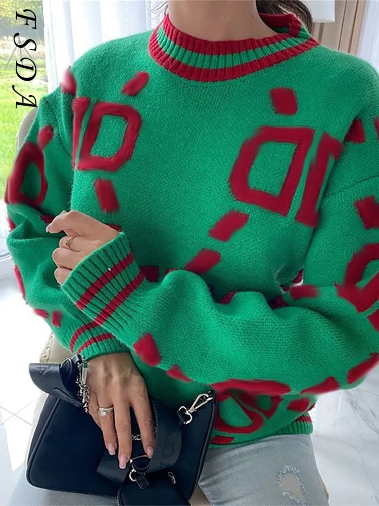 FSDA 2021 Autumn Winter Long Sleeve Pink Sweater Women Knitted Green Y2K O Neck Loose Oversized Pullover Casual Vintage