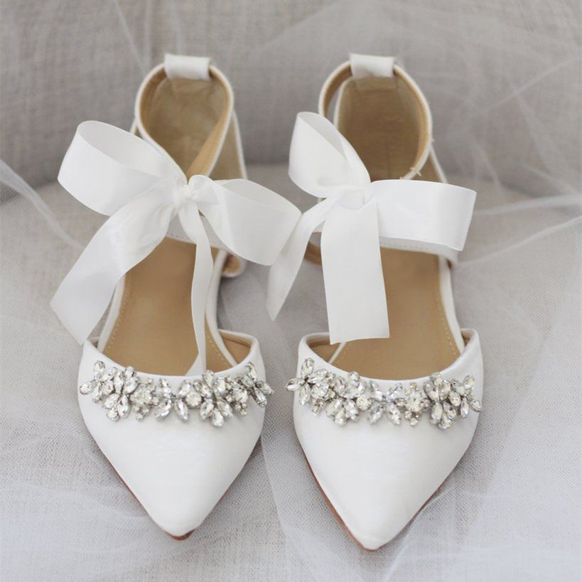 White Satin Pointed Toe Rhinestone Flower Ribbon Lace-Up Flats