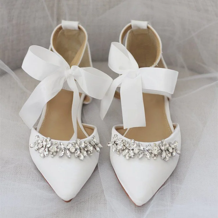 White Satin Bow Rhinestone wedding Flats |FSJ Shoes
