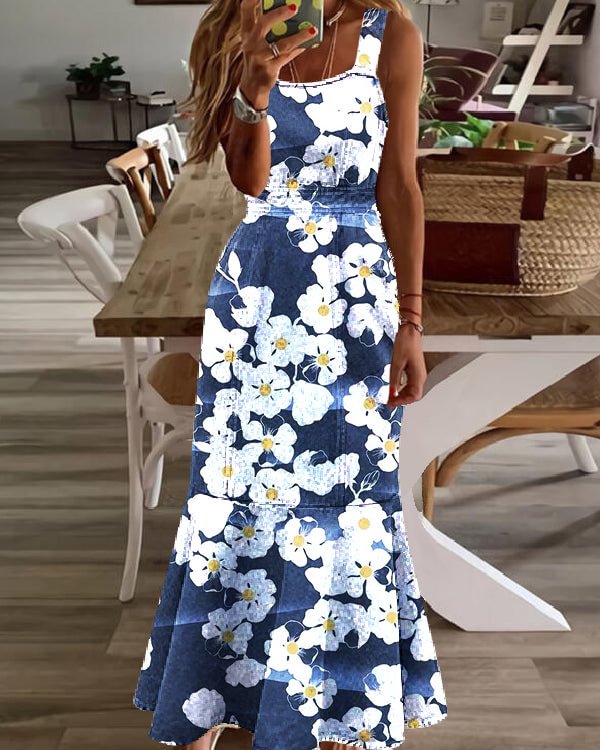 Crew Neck Off Shoulder Printed Denim Waist Fishtail Long Dress
