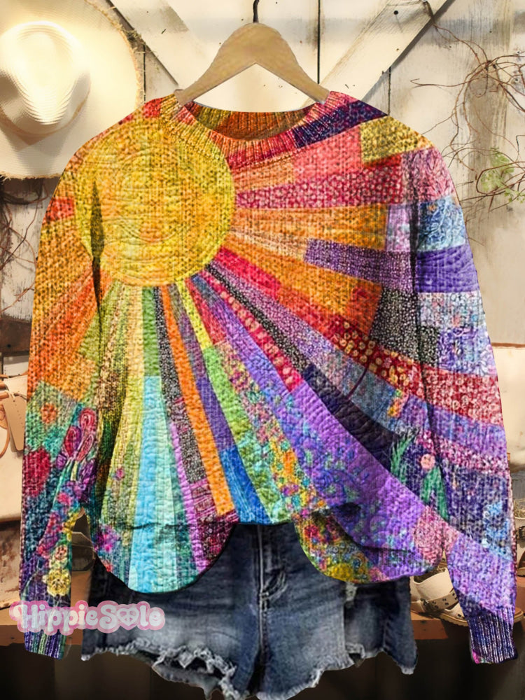 Retro Colorful Sunshine Collage Print Knit Pullover Sweater Multicolor / S