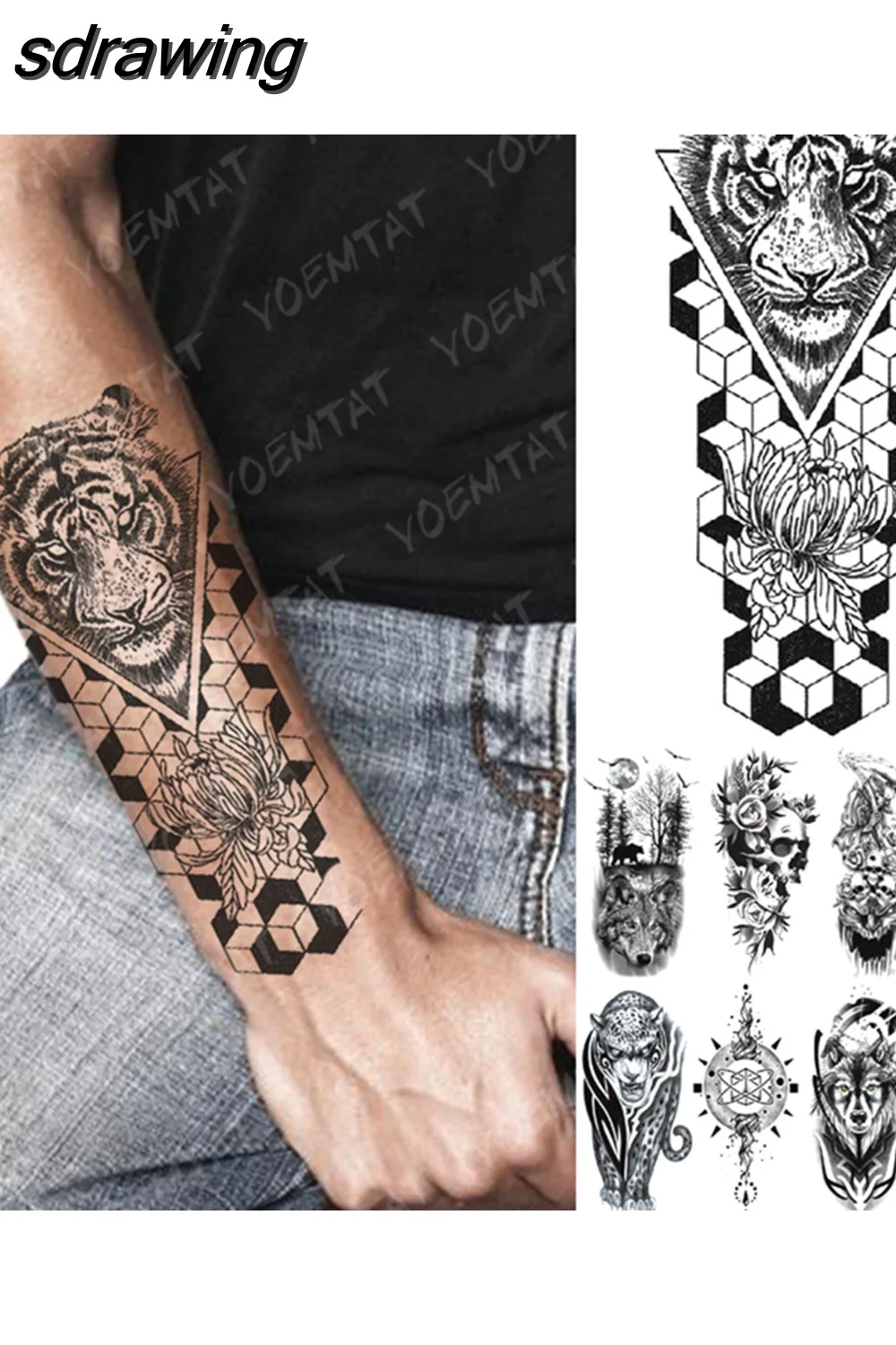 sdrawing Temporary Tattoo Sticker Geometric Tiger Wolf Death Flash Tattoos Leopard Totem Body Art Arm Fake Tatoo Women Men