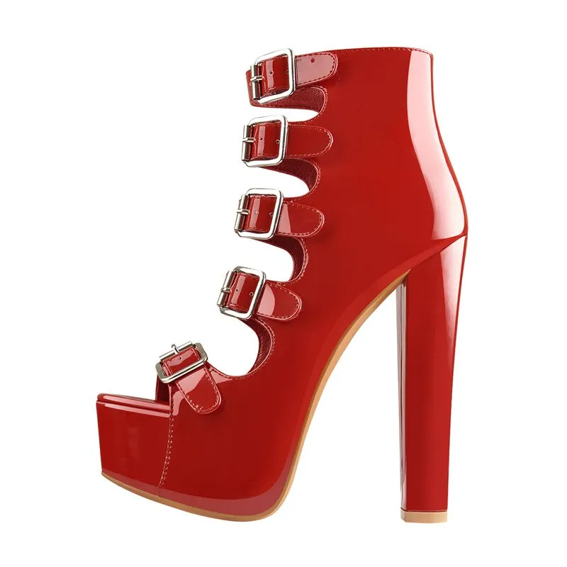 Onlymaker Women's Platform Buckle Belts Chunky 15~16cm Round Heel Peep Toe Black and Red Fashion Zipper Sandals For Summer