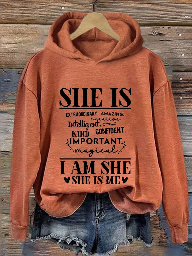 Women's Women Empowerment Powherful She Is I Am She And She Is Me Printed Hooded Sweatshirt socialshop