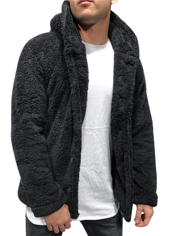 mens fuzzy sherpa jacket hoodie fluffy fleece open front cardigan button down soft coat fall outwear winter warm thicken lined jackets with pocket for men brown-Cosfine
