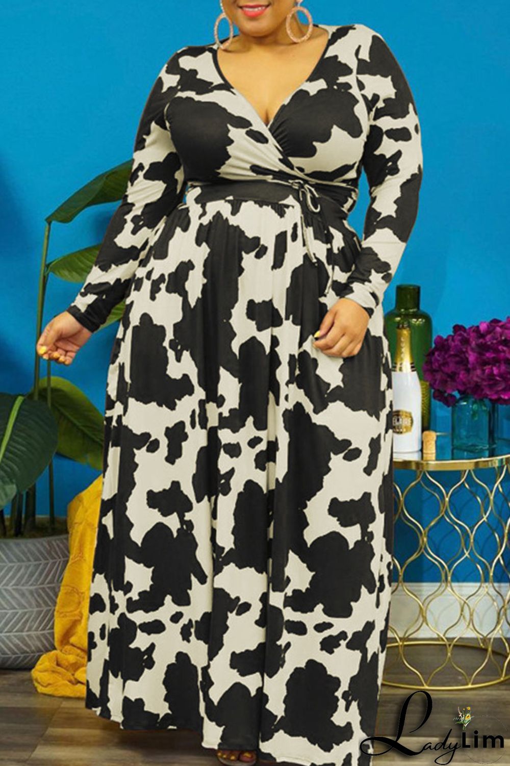 Burgundy Casual Print Bandage Patchwork V Neck Straight Plus Size Dresses