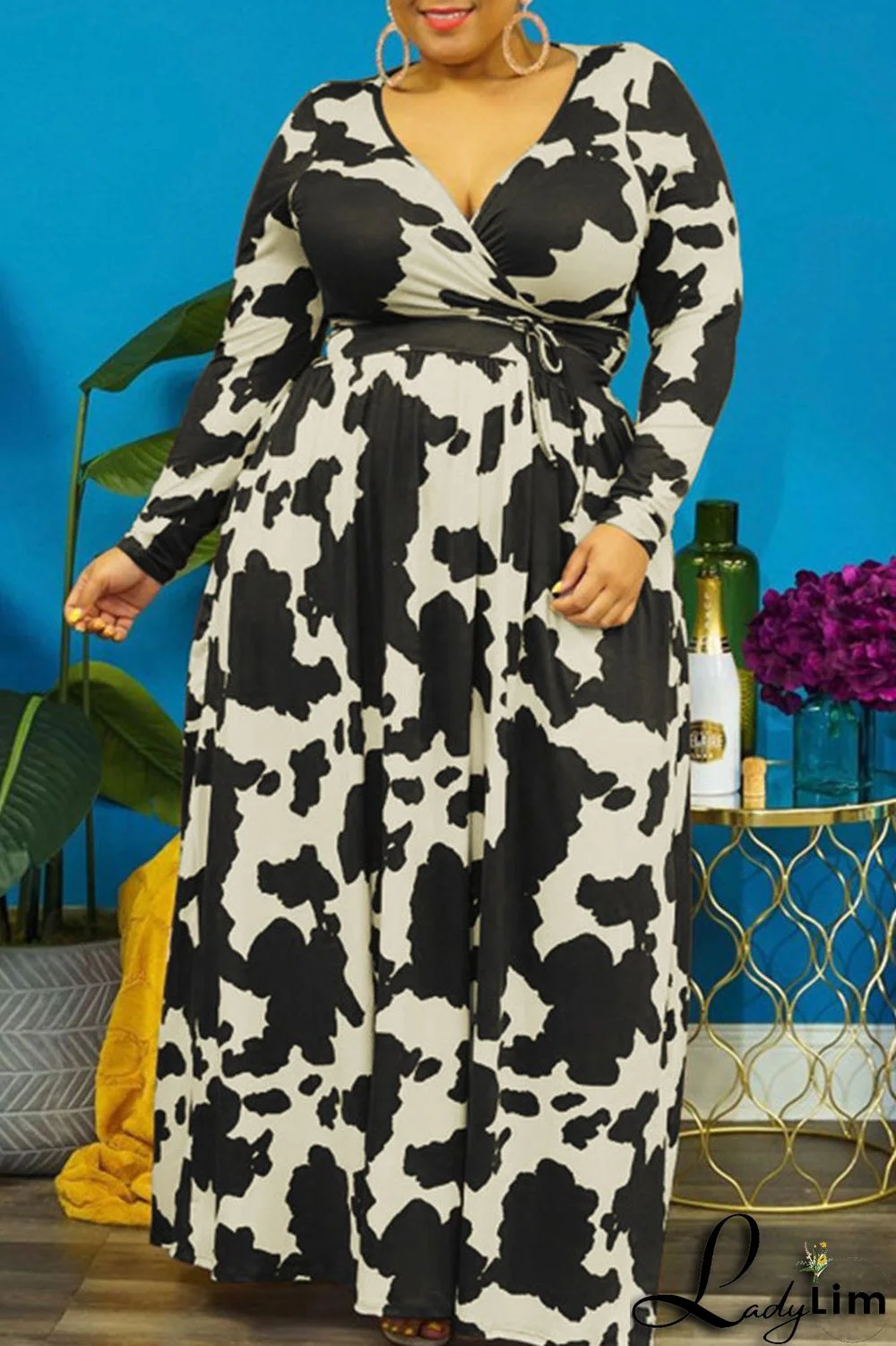 Burgundy Casual Print Bandage Patchwork V Neck Straight Plus Size Dresses