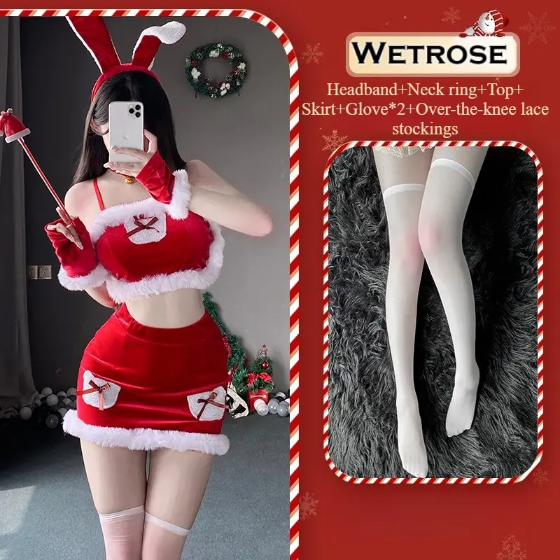 [Wetrose] In Stock Christmas Bunny Santa Red Velvet Top Skirt Set with Ear Headband Party Outfit Cosplay Costume Xmas