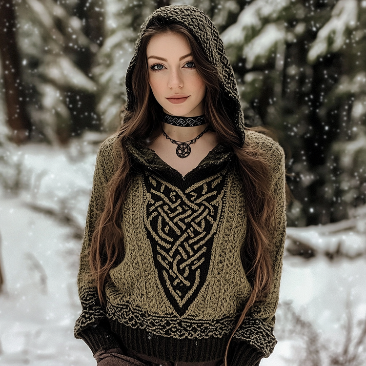 Women's Viking Style Celtic Knot Knitted Jacquard Hooded Sweater