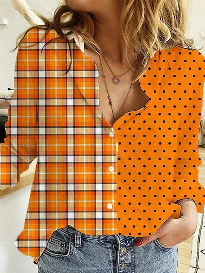 Women's Autumn Pumpkin Plaid Polka Dot Contrast Color Shirt