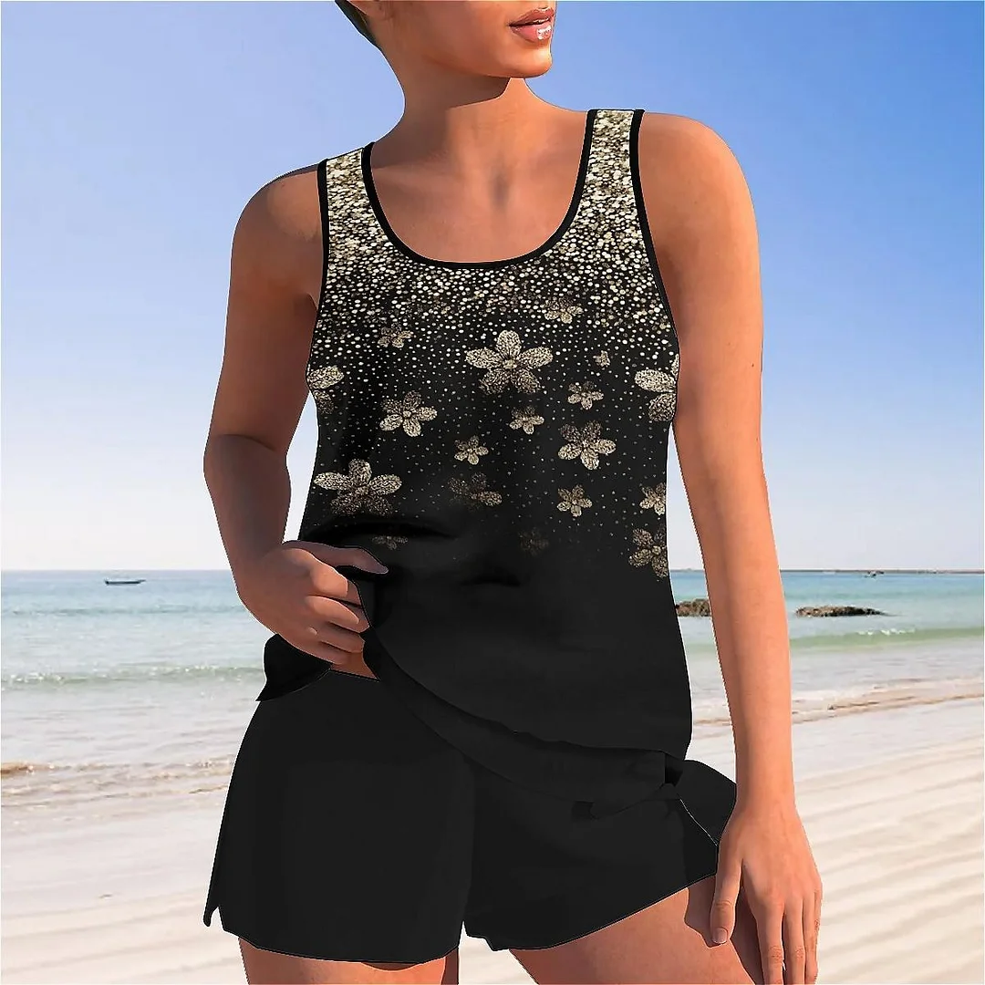 Bowknot Glitter,Floral,Golden Mid Waisted Tankini Set - Plus Size Available
