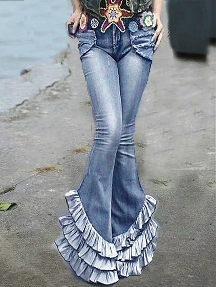 UR Retro Blue Spliced Pleated Mermaid Long Slim Fit Denim Pants