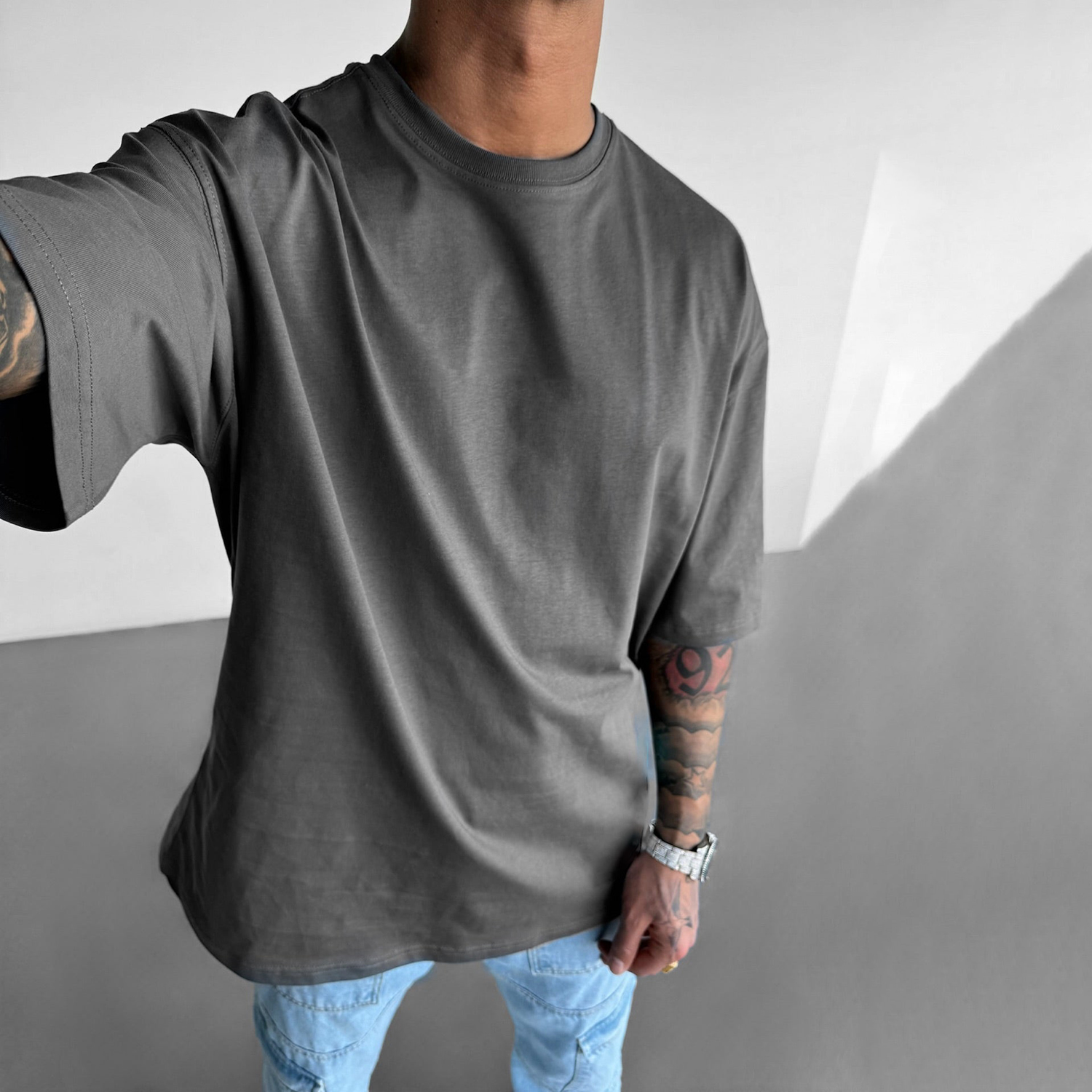 Premium Oversized Gray T-Shirt For Men - Soft Cotton Blend, Casual Style