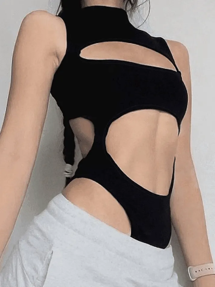 Brownm Sleeveless Cutout Black Bodysuit