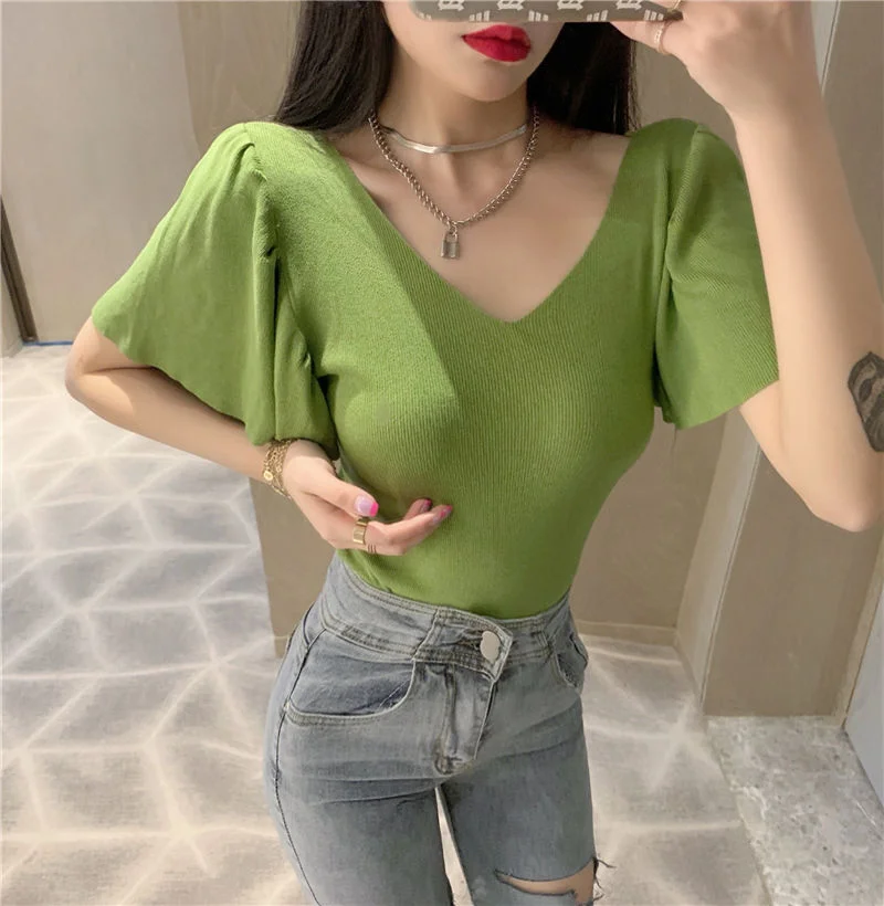 Uveng Uveng Small Sexy V-Neck T-Shirt Summer Pink Top Women's Lotus Side Of The Ocean With Thin Collarbones Cover Short Sleeves