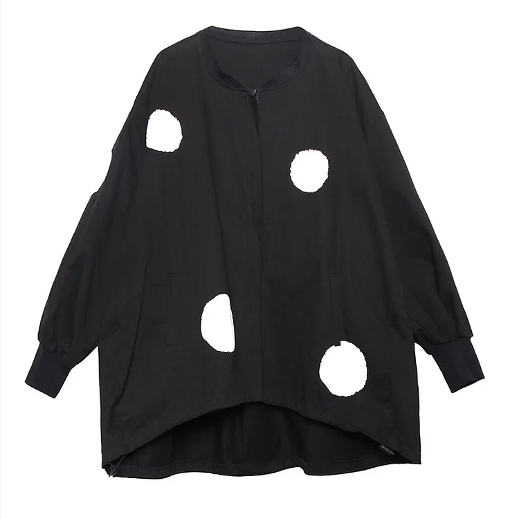 Retro Drawstring Polka Dot Stand Collar Windbreaker Jacket