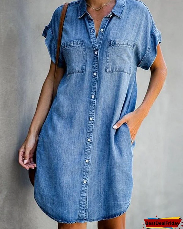 blue shirt collar plain short sleeve denim dresses p94335