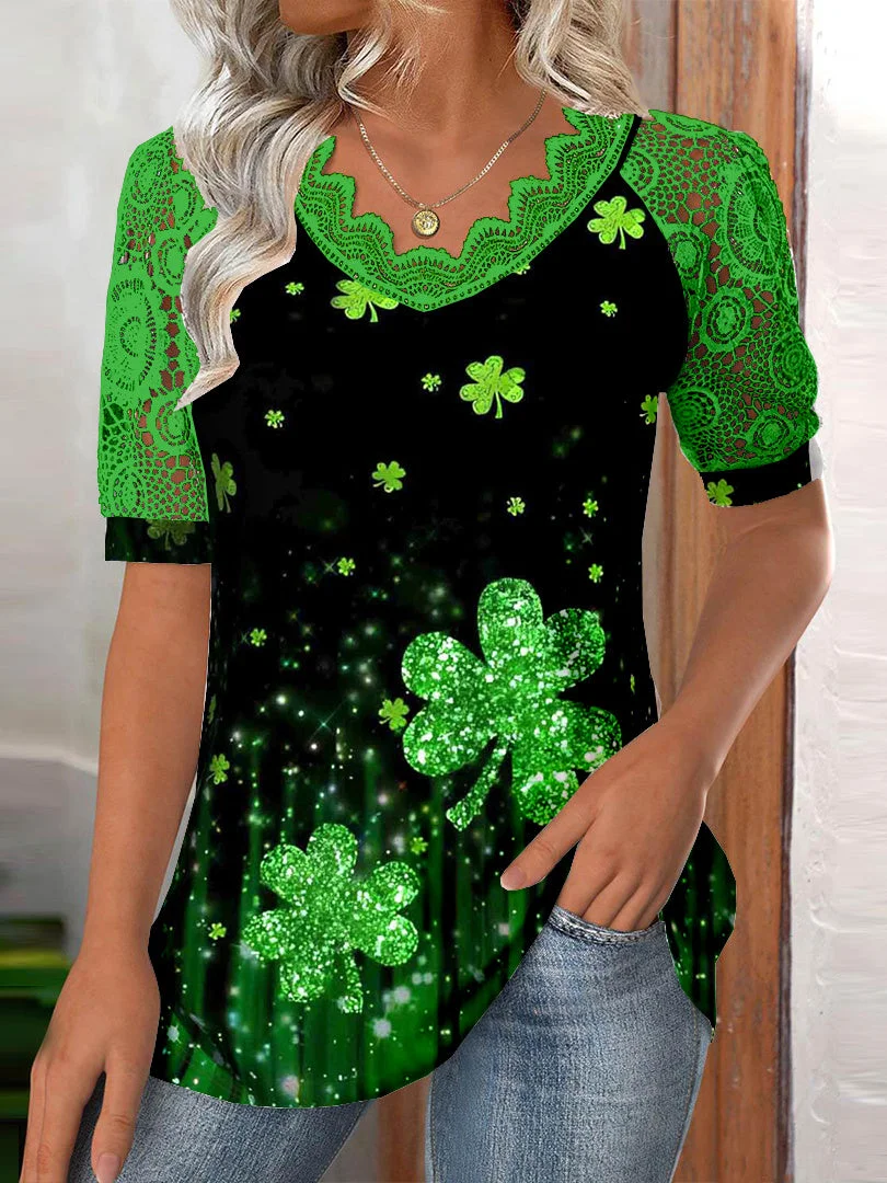 (PRE ORDER)Women Short Sleeve V-neck Four Leaf Clover Printed Graphic Lace Tops