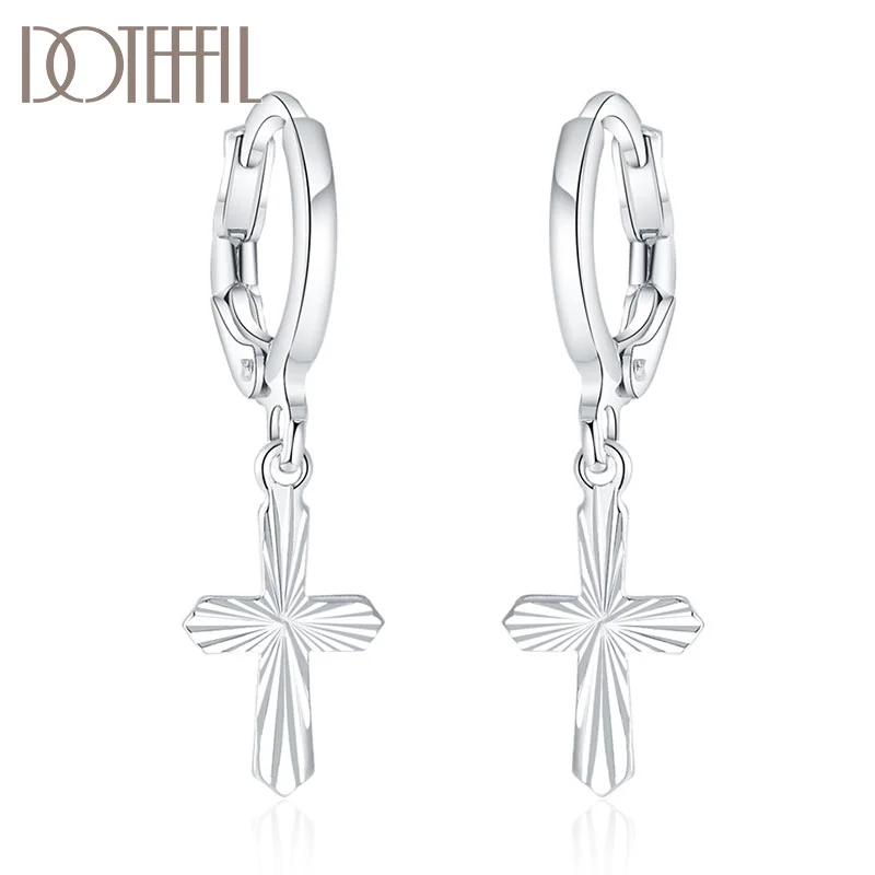 DOTEFFIL 925 Sterling Silver Cross Drop Earring For Women Wedding Jewelry