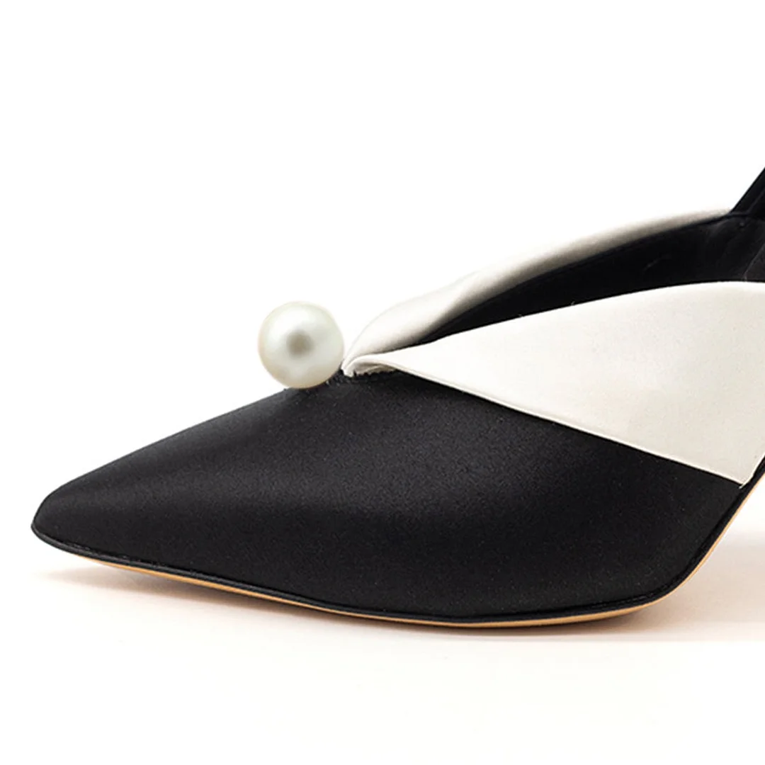 Black & White Satin Pearl Stiletto Heel Fold-Over Pumps for Women