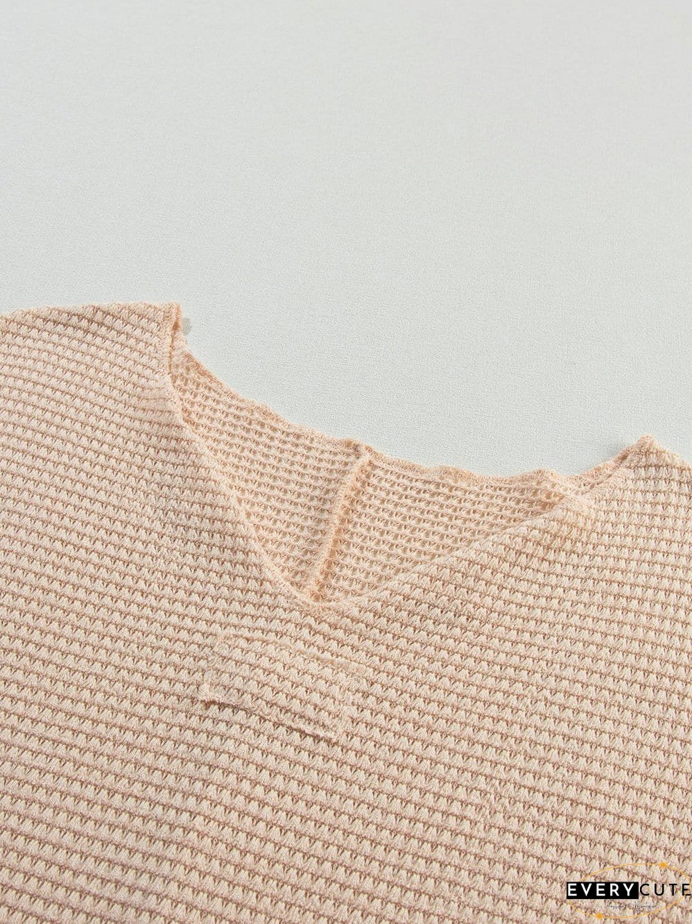 Parchment Waffle Knit V-Neck Casual Top with Split Neck