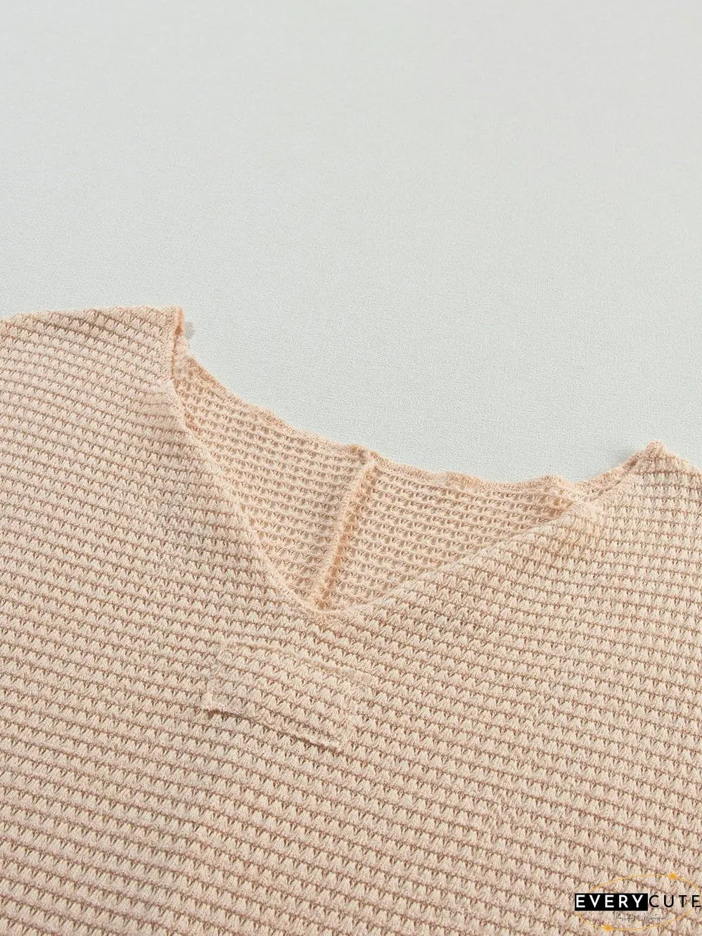 Parchment Waffle Knit V-Neck Casual Top with Split Neck
