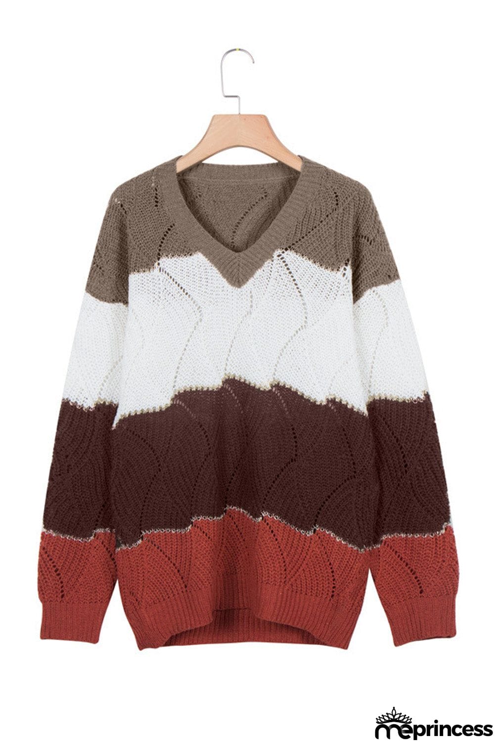V Neck Colorblock Textured Knit Sweater