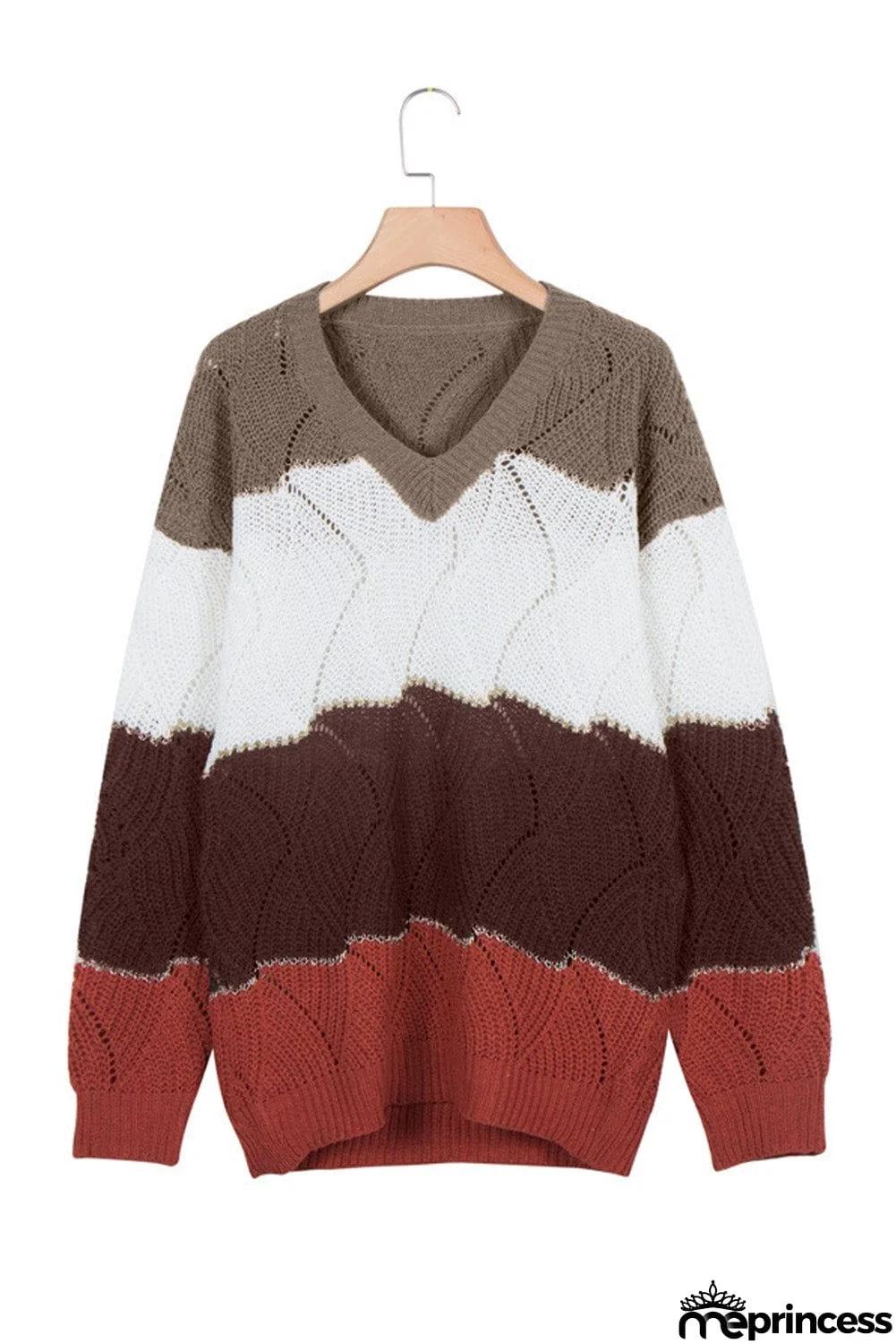 V Neck Colorblock Textured Knit Sweater