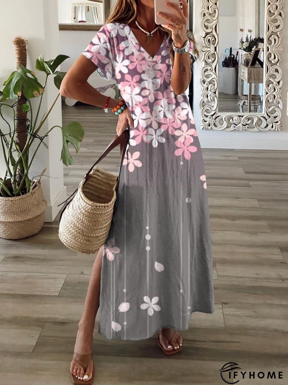 Casual Floral Short Sleeve V Neck Printed Dress | IFYHOME