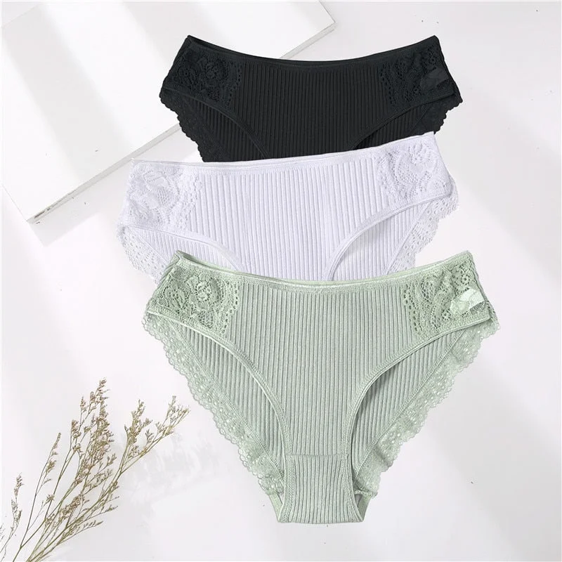FINETOO 3PCS/Set M-XXL Cotton Underwear Women's Panties Comfort Underpants Floral Lace Briefs For Woman Sexy Low-Rise Intimates