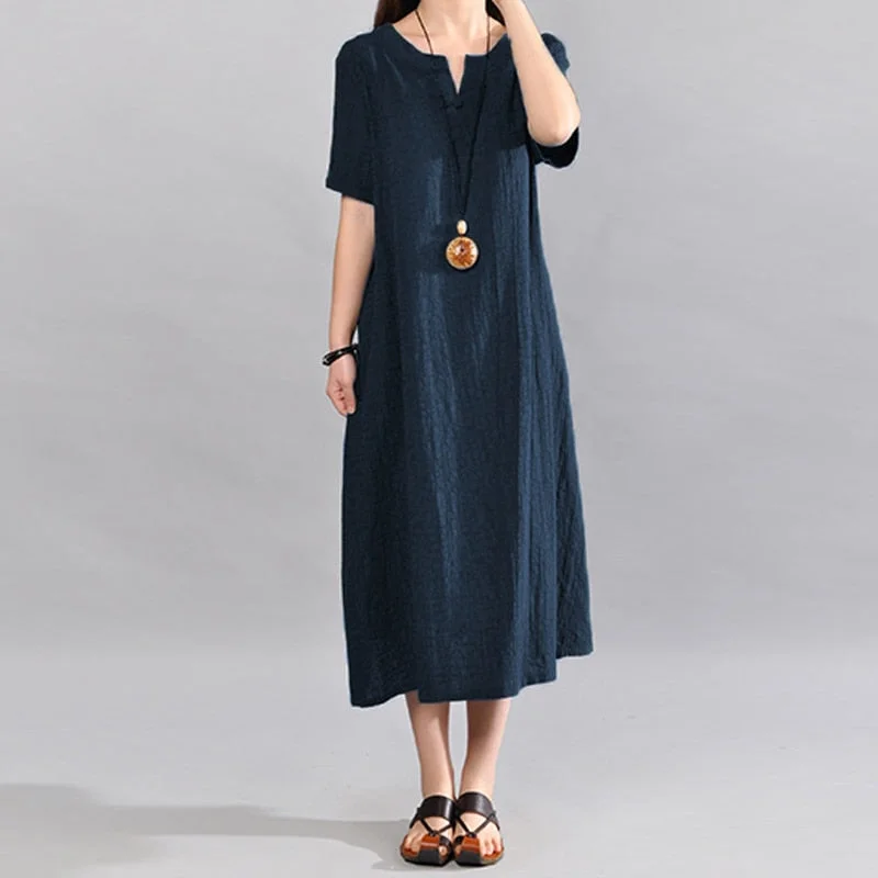 Celmia Women Vintage Linen Dress 2022 Summer V Neck Short Sleeve Solid Pockets Casual Loose Midi Dresses Oversized Vestidos