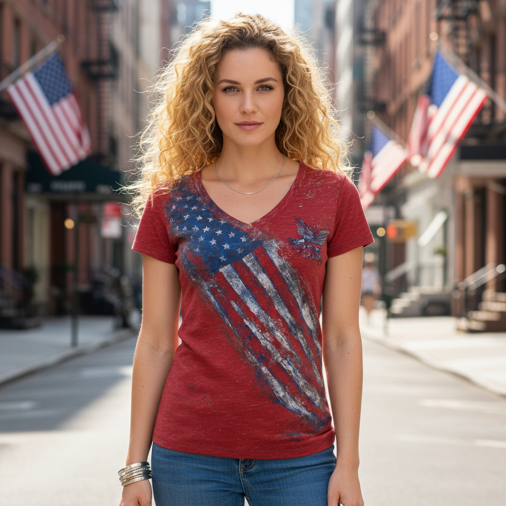 Women's Vintage American Flag 250th Anniversary Print Casual V-neck Short Sleeve Red T-Shirt - Helixace