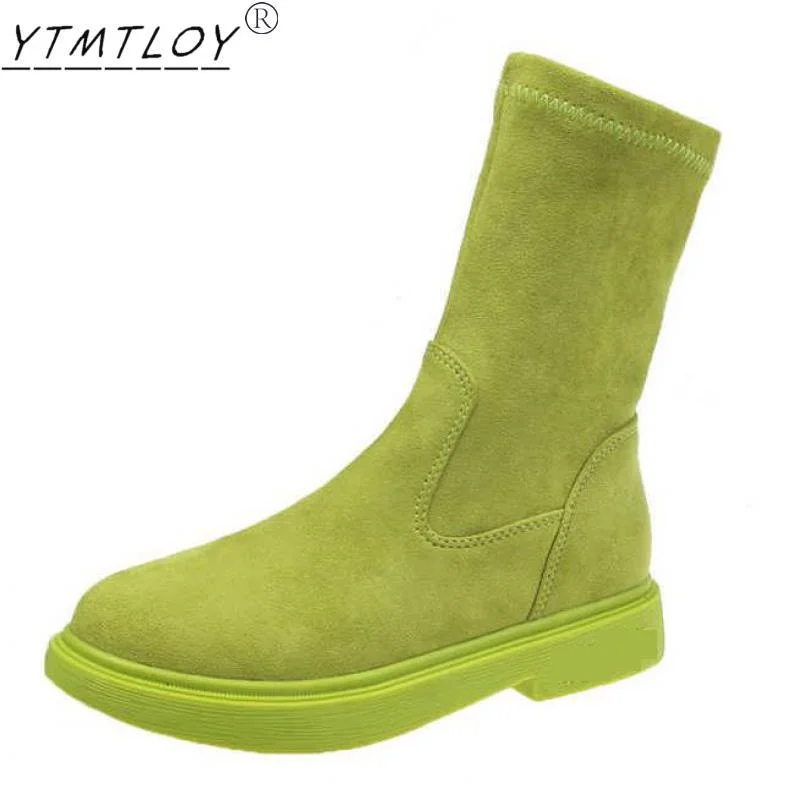 Black Brown Flocked Thick Heel Ankle Boots Women Winter Ladies Shoes Green Elegant Round Toe Warm Suede Ankle Boots
