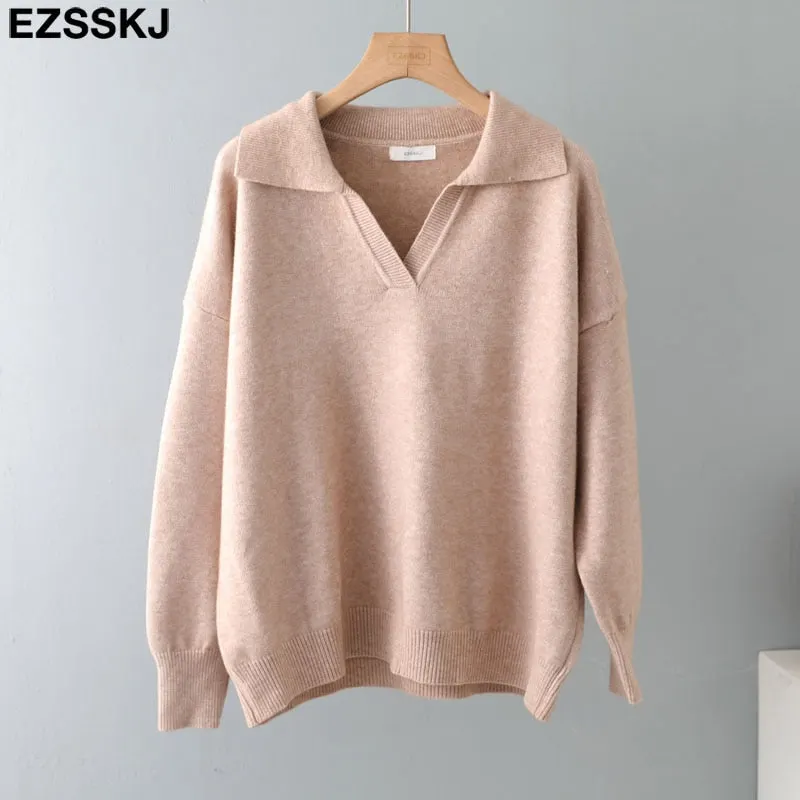 Autumn Winter casual chic v-neck oversize thick Sweater pullovers Women 2021 loose elegant Sweater Pullover female Long Sleeve