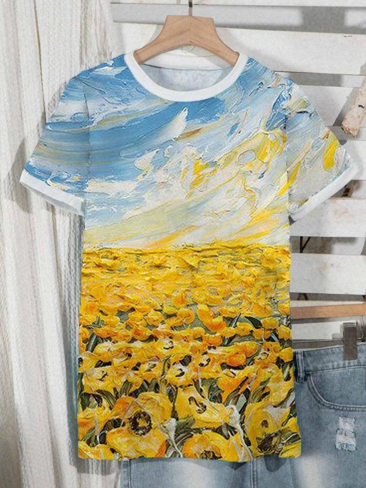Floral Short-sleeved Printed Cotton-blend Crewneck Casual Summer Top